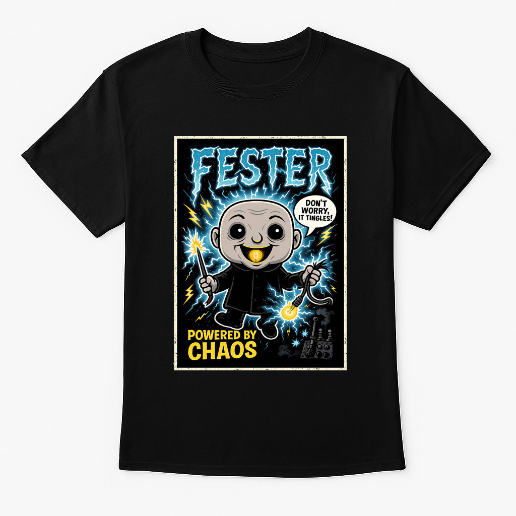 Uncle Fester “Powered by Chaos” Graphic T-Shirt – The Addams Family Comic Style Tee