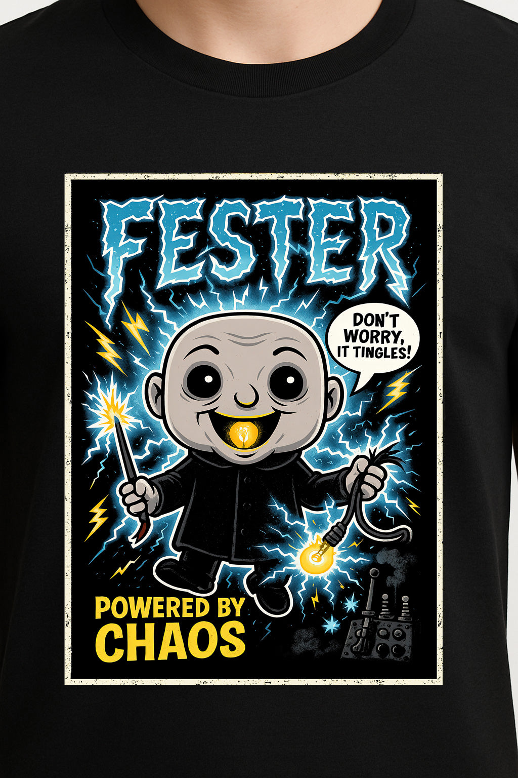 Uncle Fester “Powered by Chaos” Graphic T-Shirt – The Addams Family Comic Style Tee