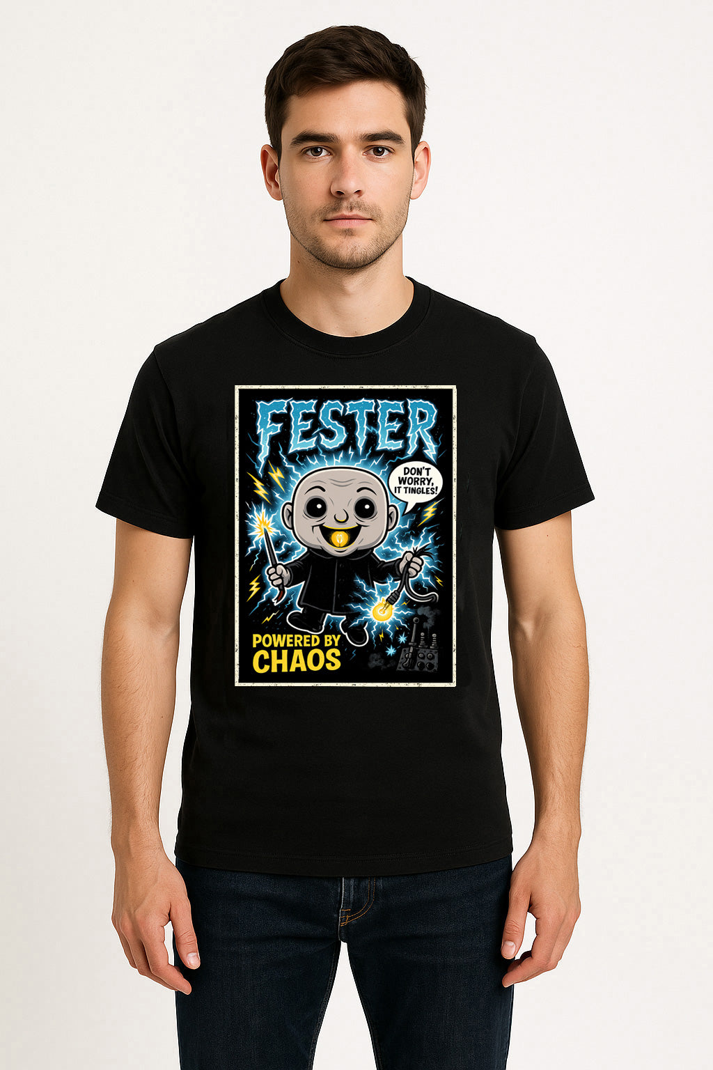 Uncle Fester “Powered by Chaos” Graphic T-Shirt – The Addams Family Comic Style Tee