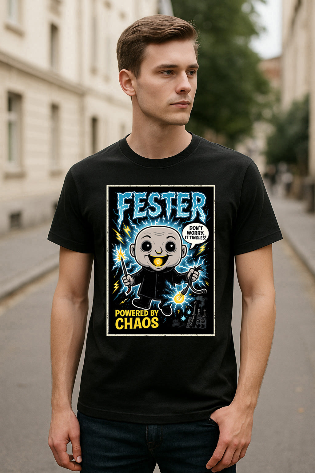 Uncle Fester “Powered by Chaos” Graphic T-Shirt – The Addams Family Comic Style Tee