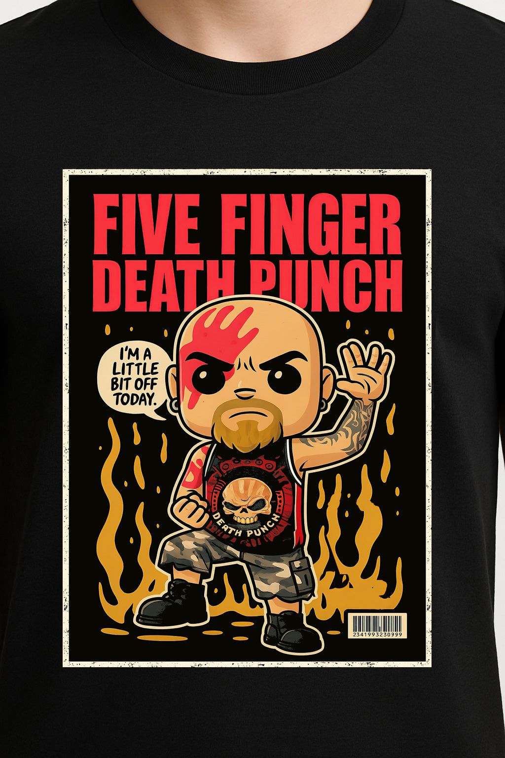 Five Finger Death Punch Unisex T-Shirt – “A Little Bit Off” Cartoon Pop Art Metal Band Tee
