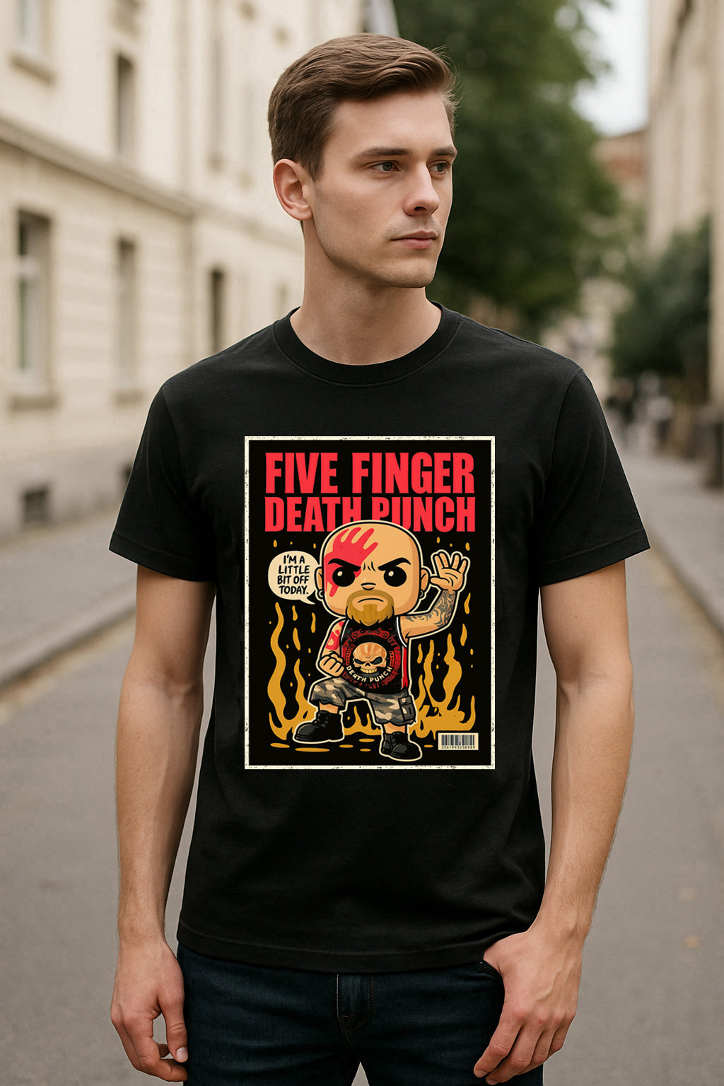 Five Finger Death Punch Unisex T-Shirt – “A Little Bit Off” Cartoon Pop Art Metal Band Tee