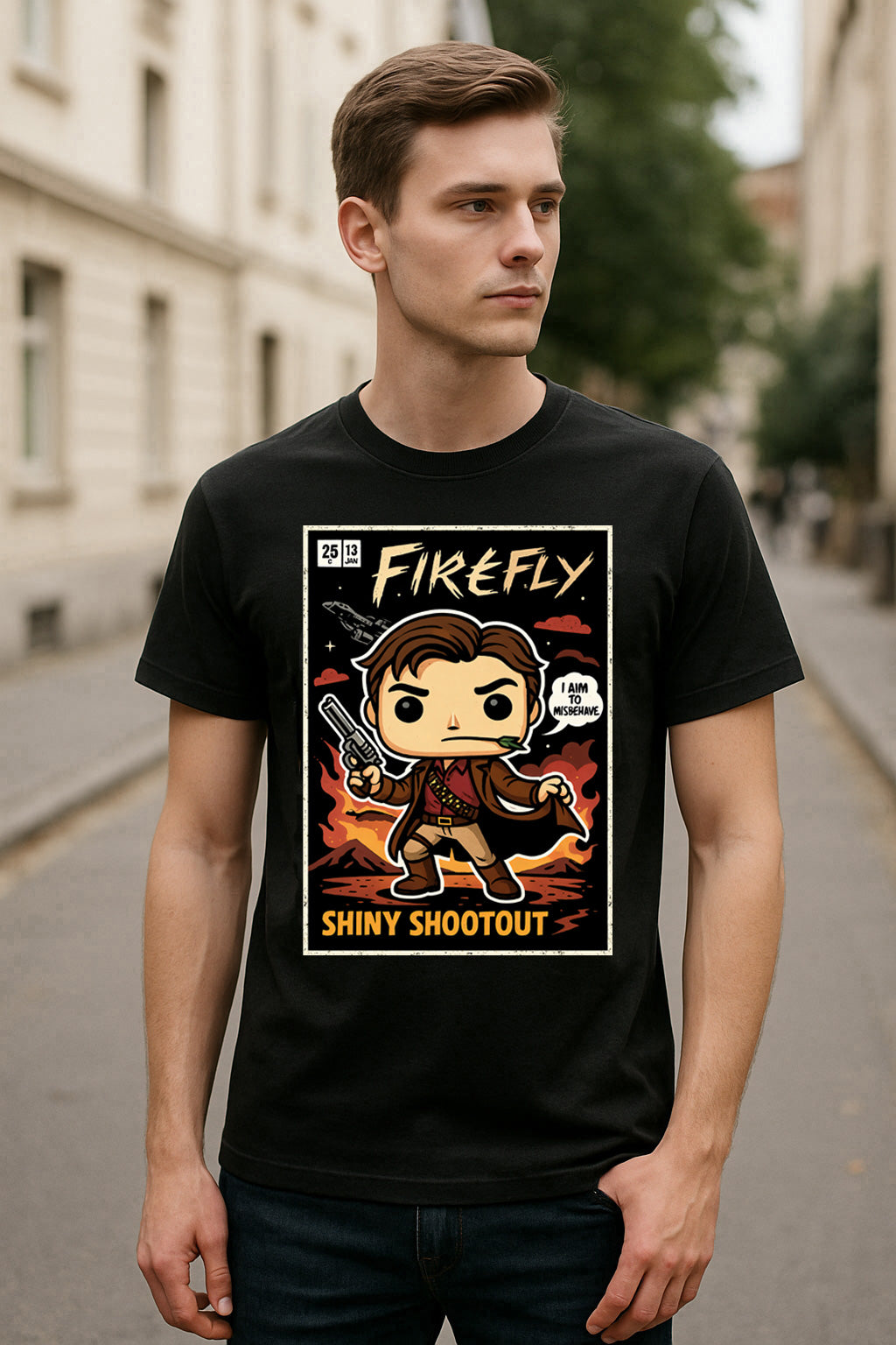 Malcolm Reynolds Unisex Comic T-Shirt – Firefly “I Aim to Misbehave” Space Western Tee