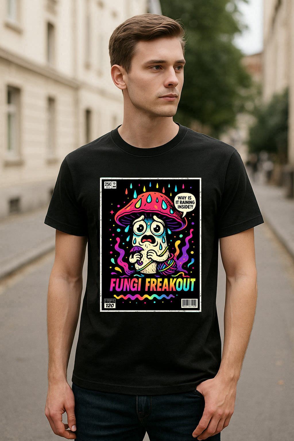 Fungi Freakout Unisex T-Shirt Trippy Comic Mushroom Anxiety Funny Comedy Tee