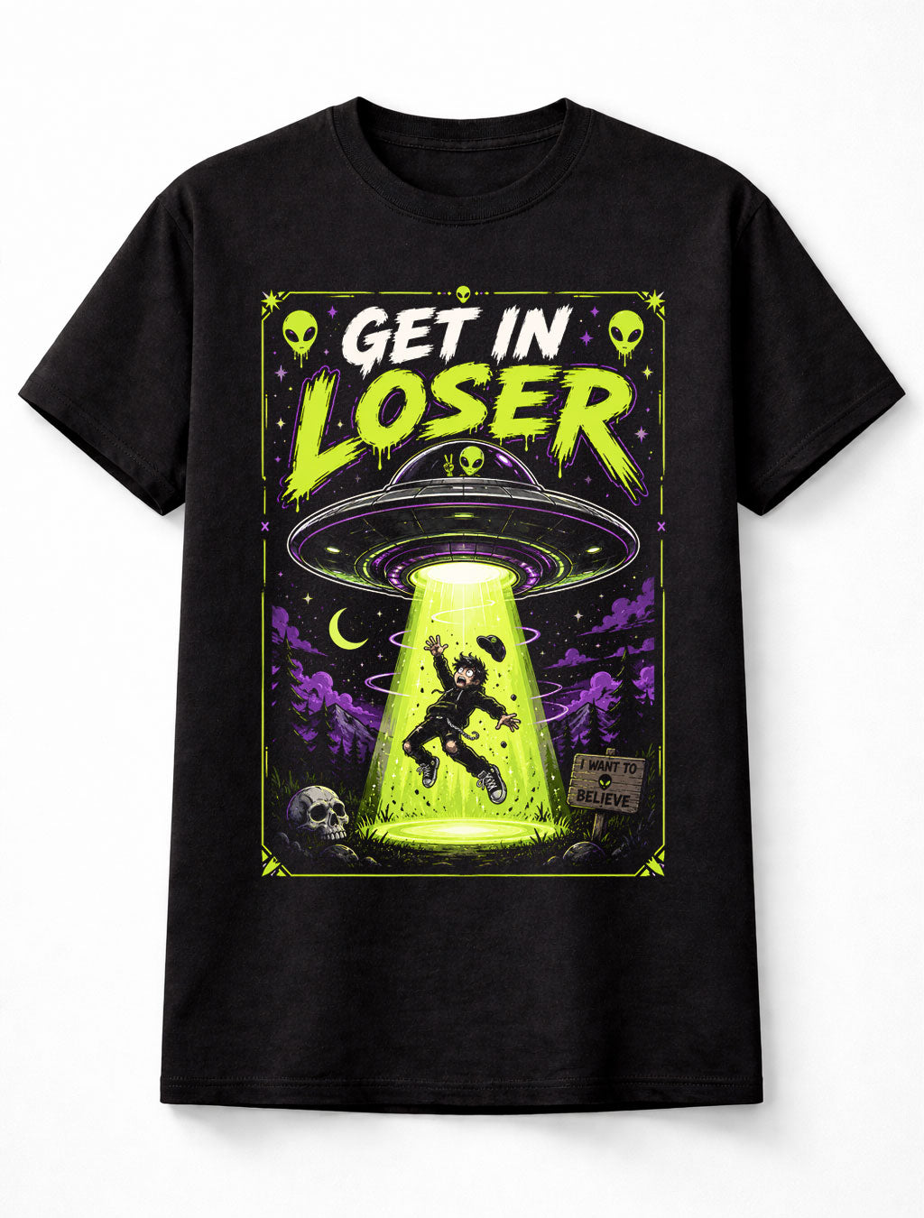 Get In Loser Alien UFO Abduction Sci Fi Funny Graphic Unisex T-Shirt