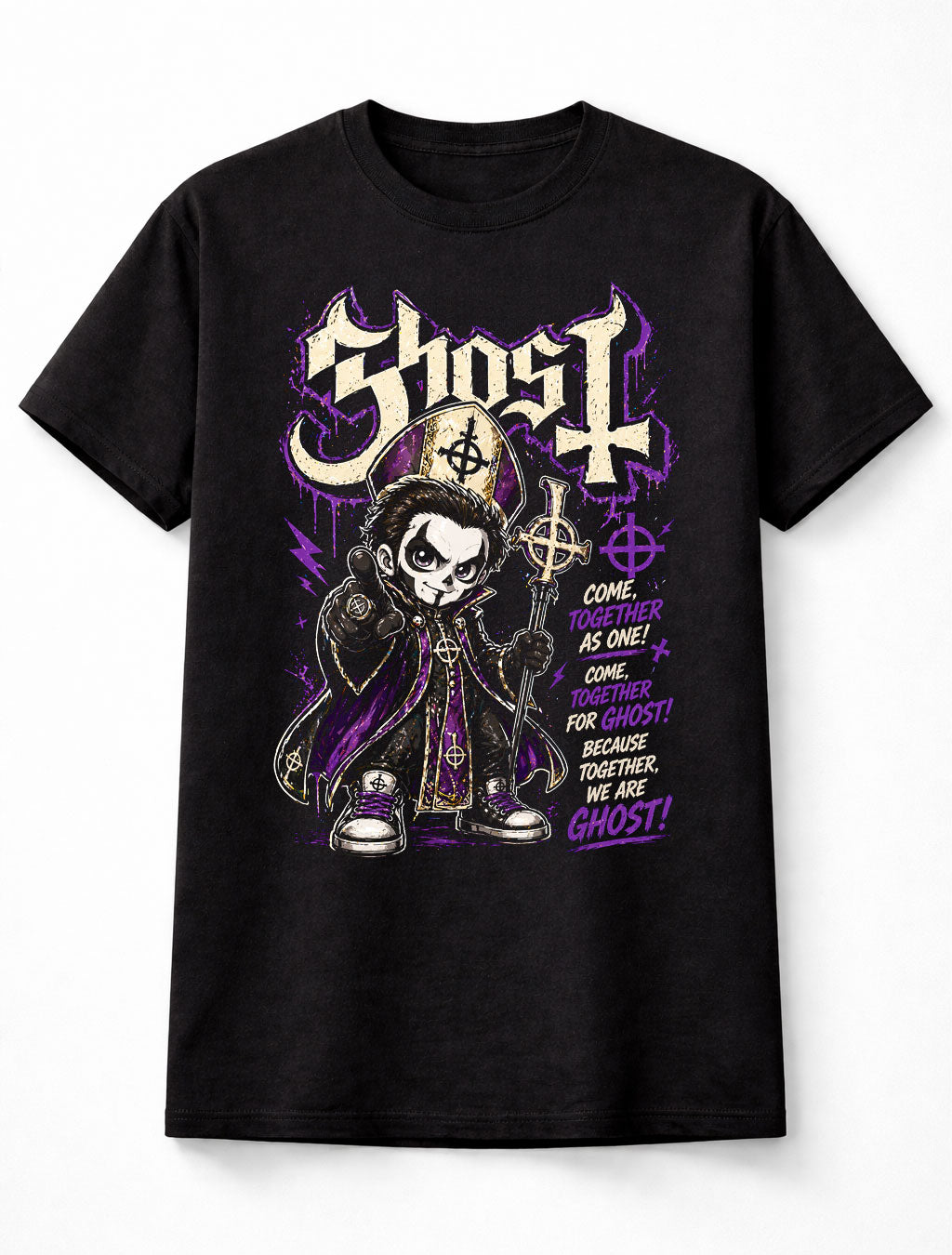 Ghost Band Papa Emeritus Metal Rock Graphic T-Shirt Come Together As One Lyrics Dark Occult Music Fan Tee Adult & Kids Unisex T-Shirt
