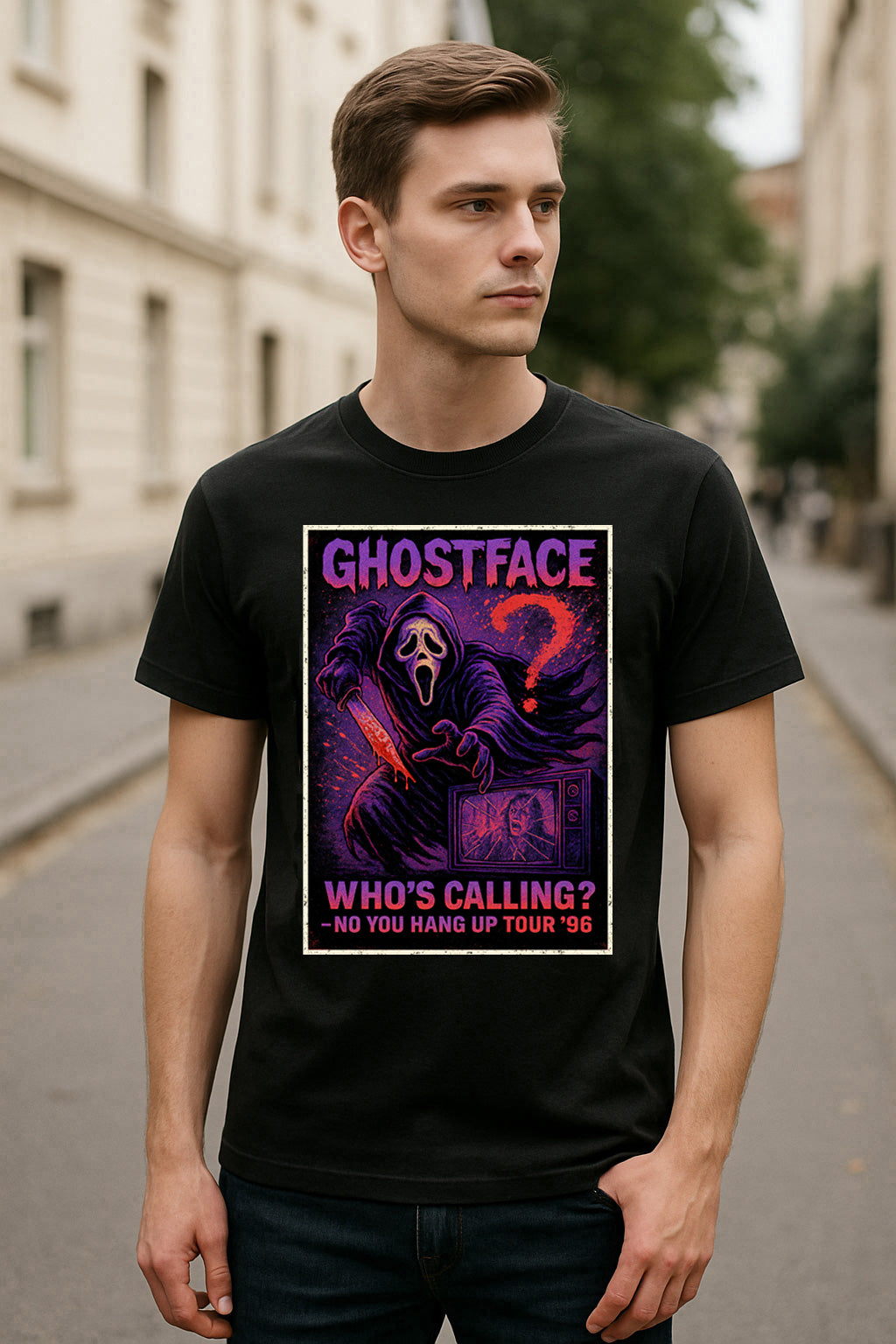 Ghostface “Who’s Calling?” Graphic Tee – Vintage Horror Slasher T-Shirt for Scream Fans