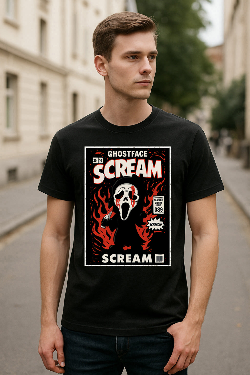 Scream “Slasher Special” Ghostface Graphic Tee – Retro Horror Comic T-Shirt for Scary Movie Fans