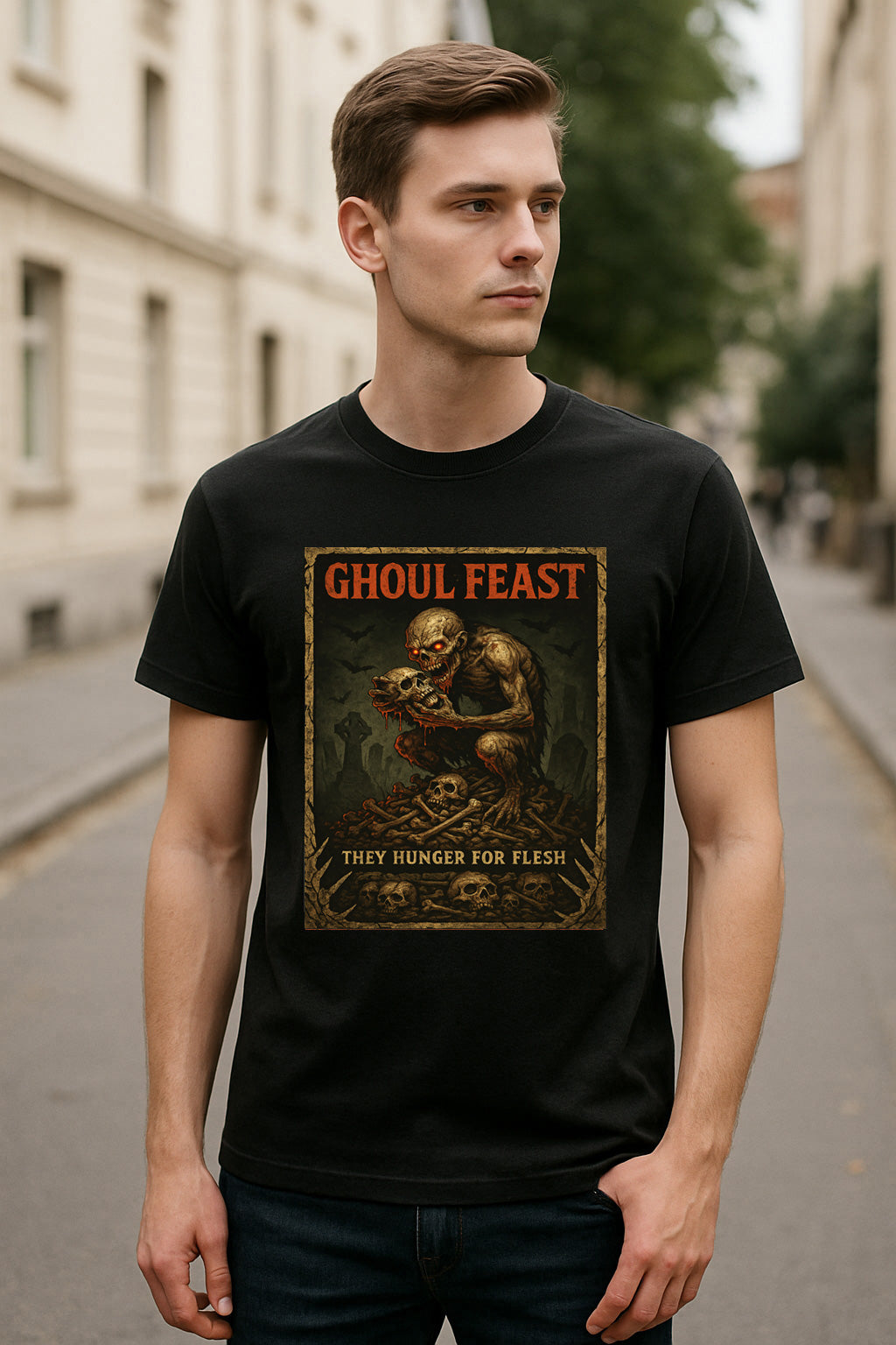 Ghoul Feast “They Hunger for Flesh” Unisex T-Shirt – Undead Graveyard Halloween Horror Tee