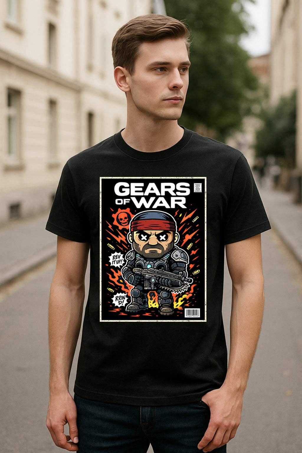 Gears of War Marcus Fenix “Rev It Up” Unisex T-Shirt – Retro COG Soldier Graphic Tee