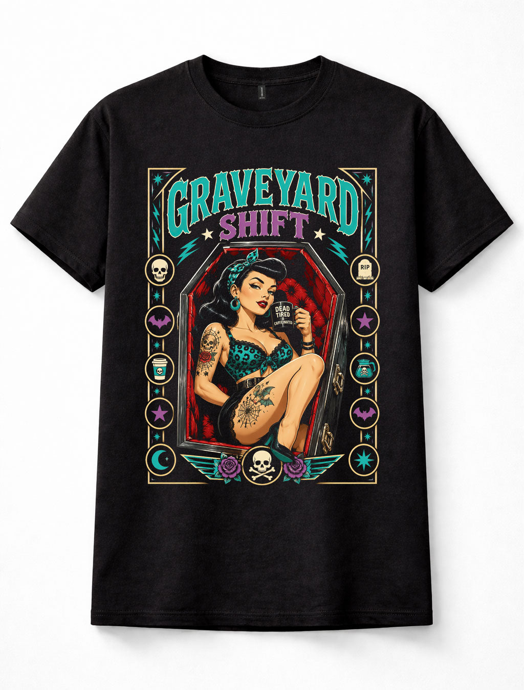 Graveyard Shift Pin Up Girl Gothic Coffin Tattoo Skull Unisex T-Shirt