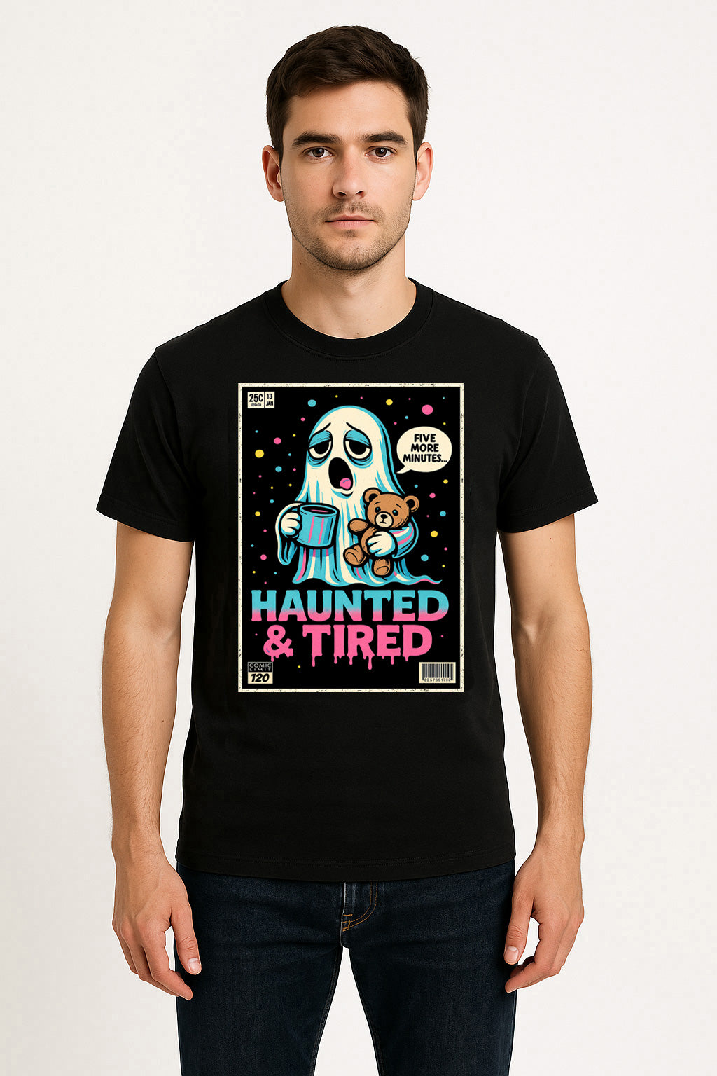 Haunted & Tired Unisex T-Shirt Funny Ghost Teddy Bear Coffee Comic Tee