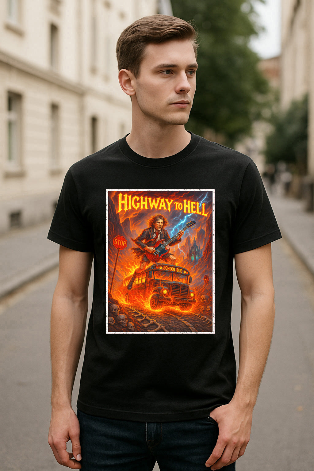 AC/DC “Highway to Hell” Unisex T-Shirt – Classic Rock Band Fiery Bold Guitar Graphic Tee