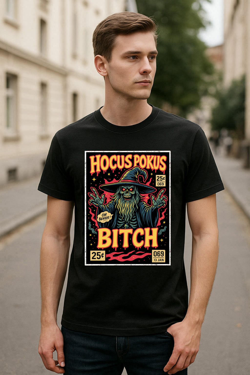 Hocus Pokus Unisex T-Shirt – Skeleton Witchy Wizard Funny Gothic Halloween Magic