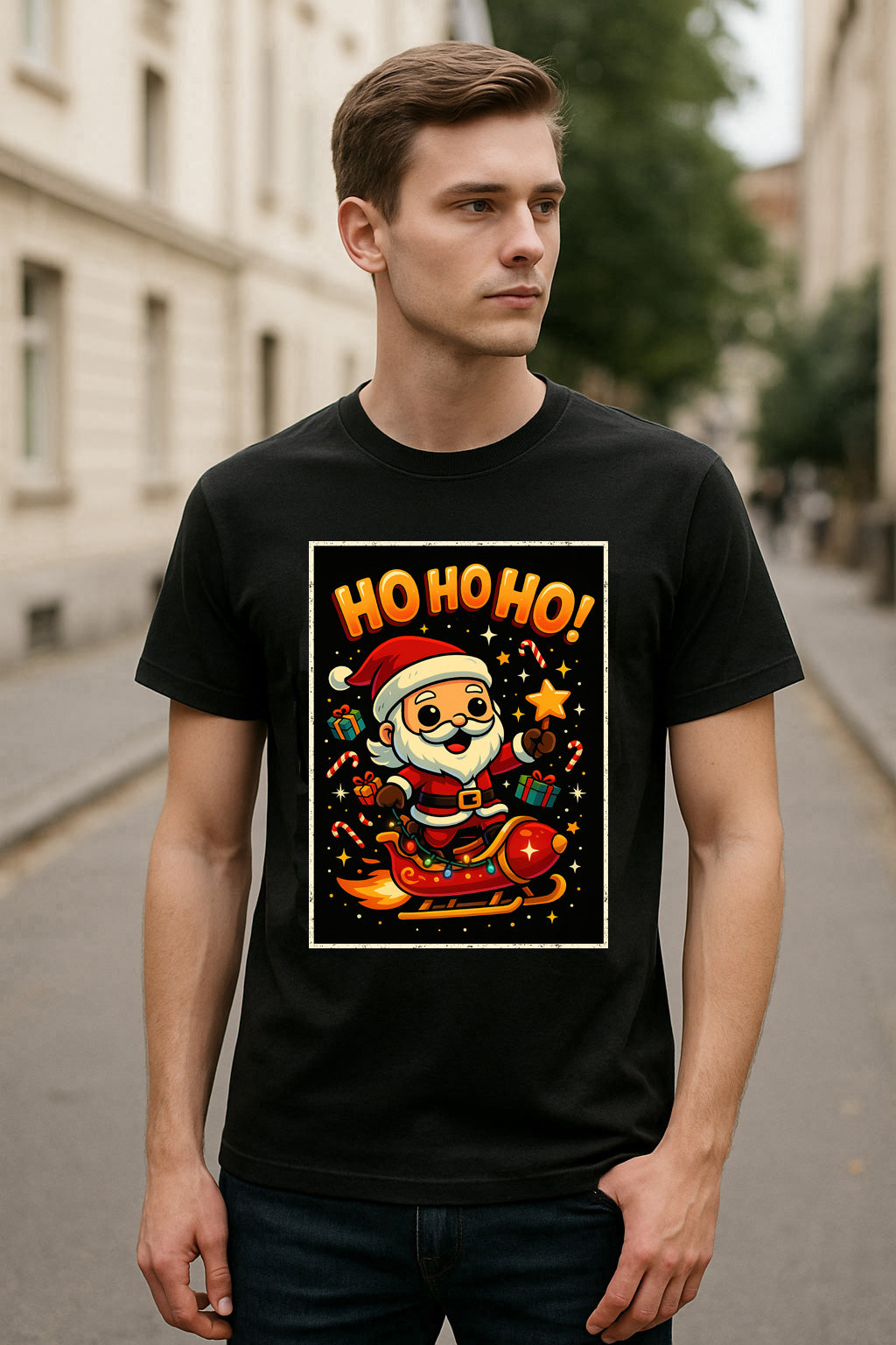 Ho Ho Ho Santa Rocket Sleigh Unisex Christmas T-Shirt or Hoodie