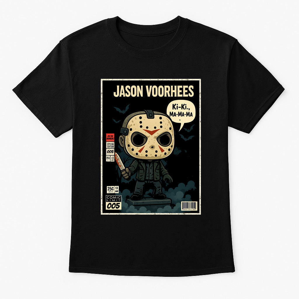 Jason Voorhees “Ki-Ki, Ma-Ma-Ma” Comic Style T-Shirt – Friday the 13th Slasher Tee