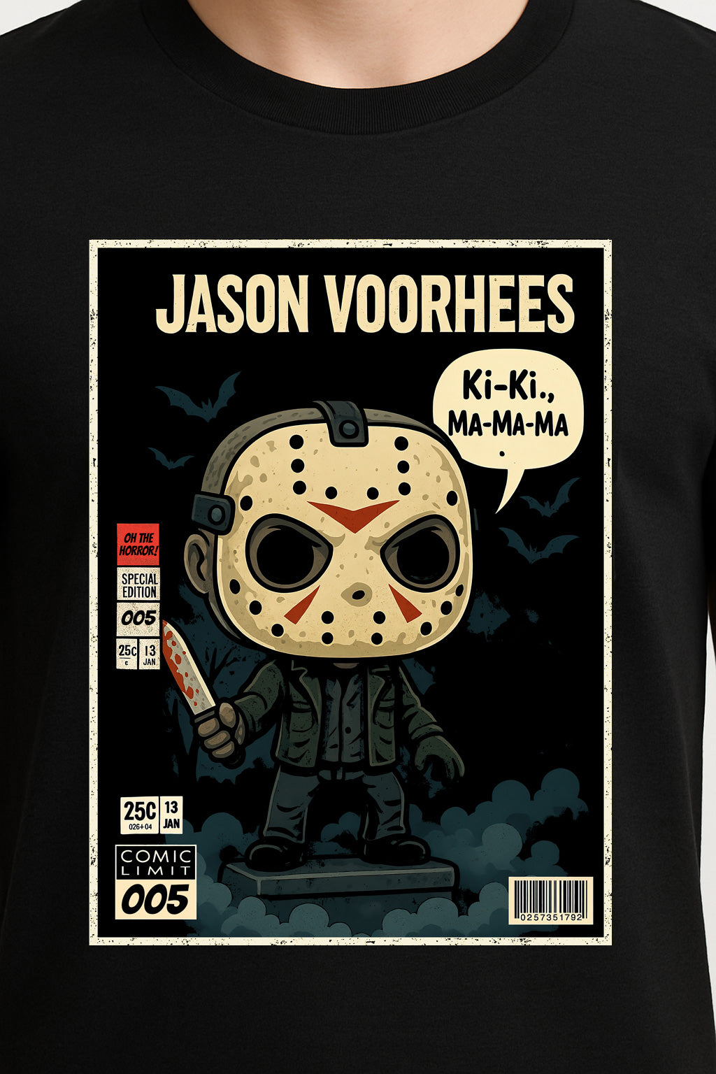 Jason Voorhees “Ki-Ki, Ma-Ma-Ma” Comic Style T-Shirt – Friday the 13th Slasher Tee