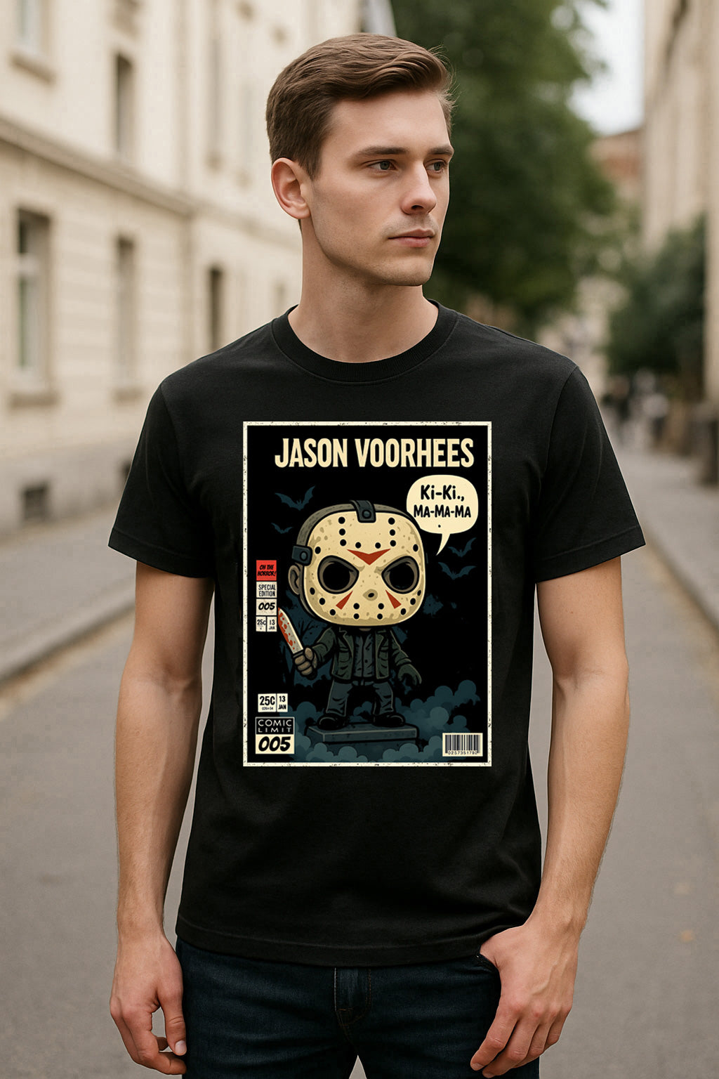 Jason Voorhees “Ki-Ki, Ma-Ma-Ma” Comic Style T-Shirt – Friday the 13th Slasher Tee