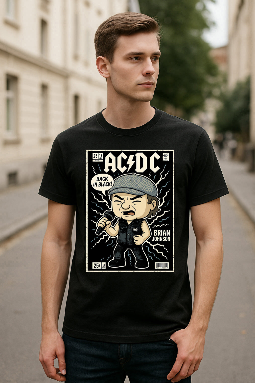 AC/DC “Back In Black” Unisex T-Shirt – Classic Rock Legend Band Comic Style Tribute Tee