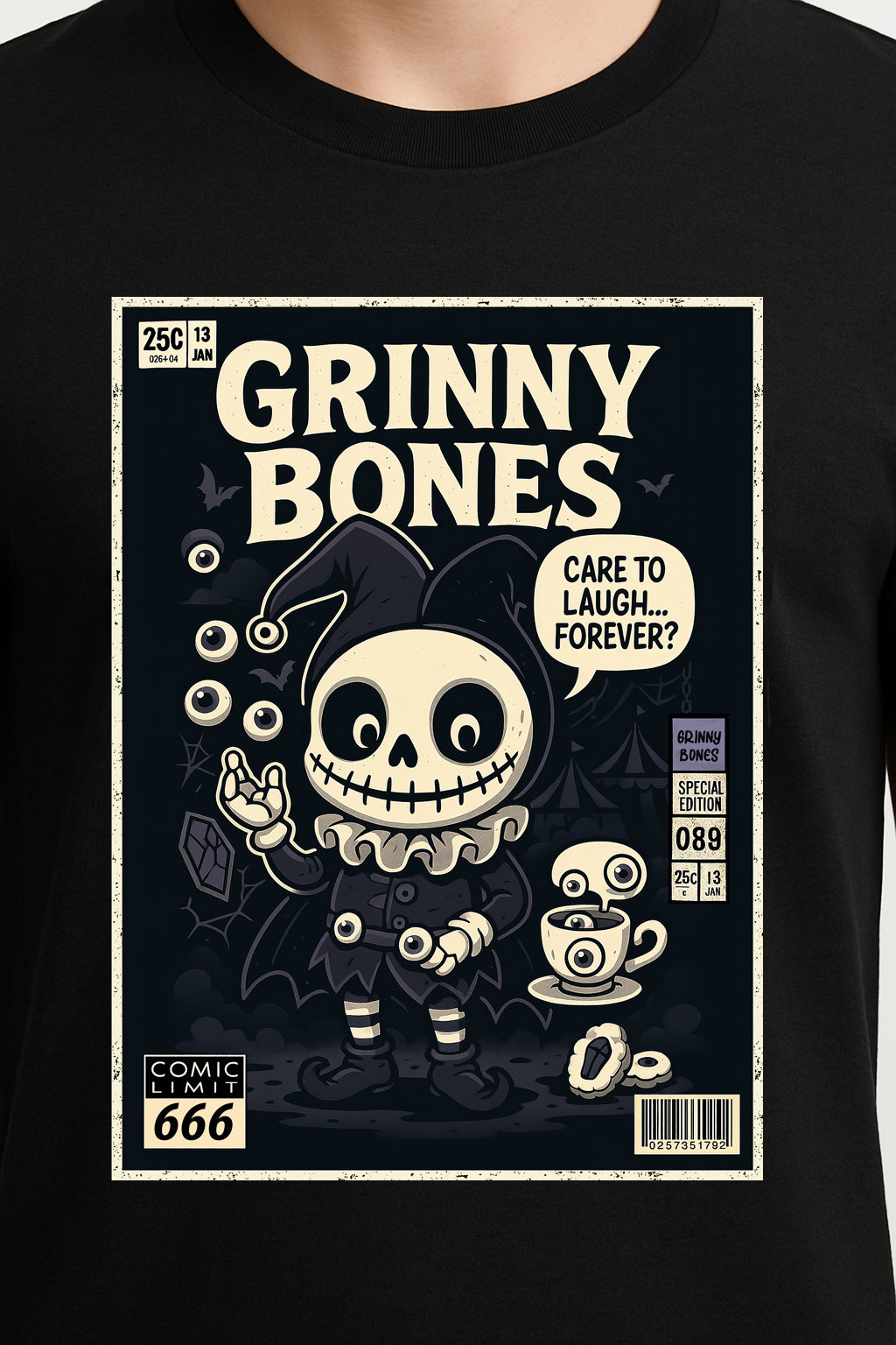 Grinny Bones “Care to Laugh Forever” Unisex T-Shirt – Creepy Jester Dark Circus Horror Tee