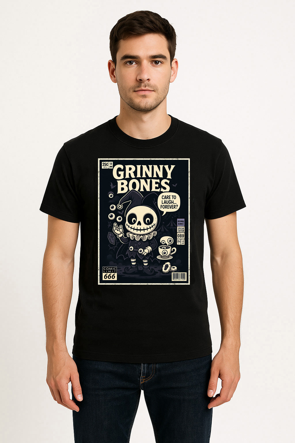 Grinny Bones “Care to Laugh Forever” Unisex T-Shirt – Creepy Jester Dark Circus Horror Tee