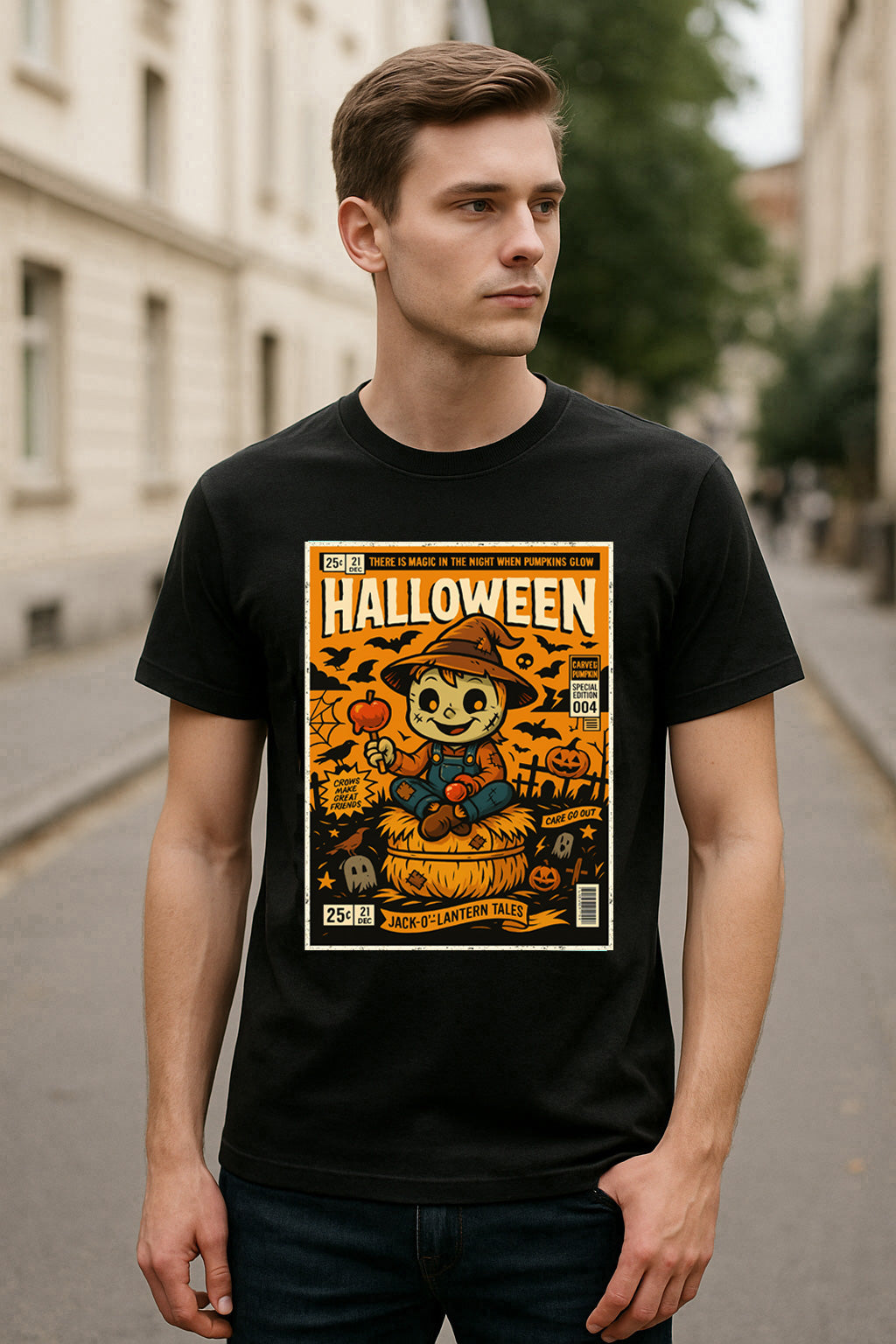 Jack-O’-Lantern Tales Unisex T-Shirt Retro Halloween Scarecrow Tee