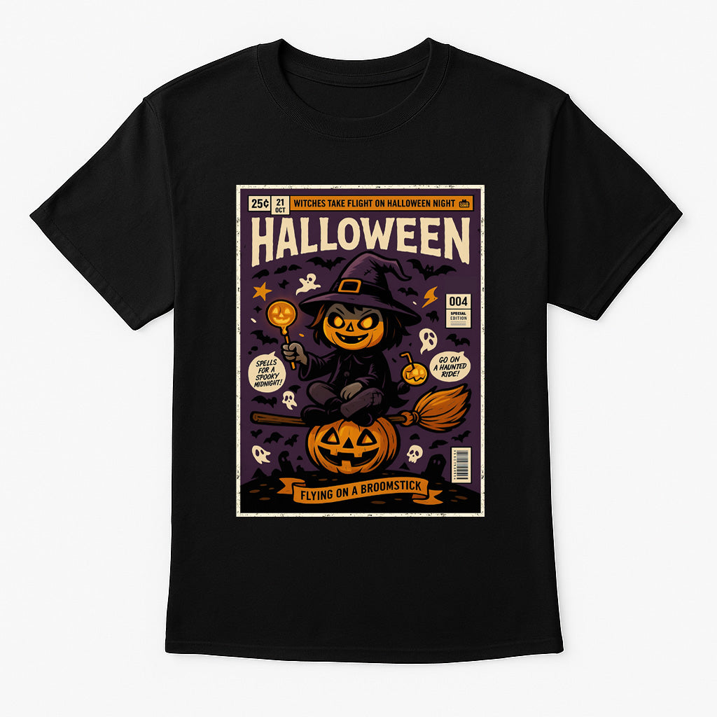 Pumpkin Witch Broomstick Unisex T-Shirt Halloween Comic Tee
