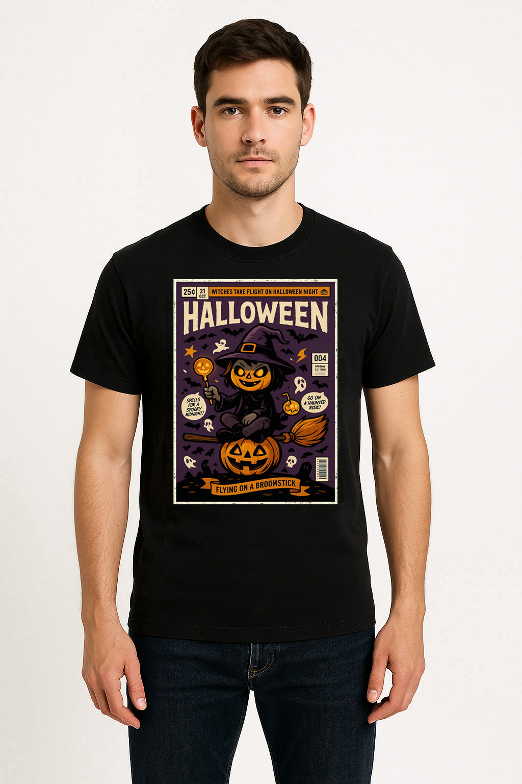 Pumpkin Witch Broomstick Unisex T-Shirt Halloween Comic Tee