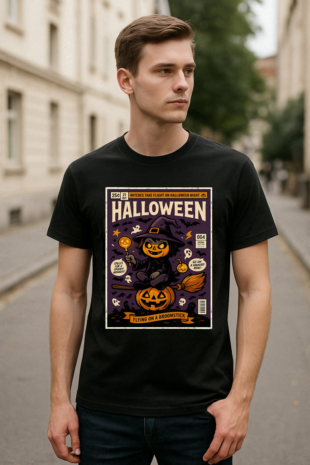 Pumpkin Witch Broomstick Unisex T-Shirt Halloween Comic Tee