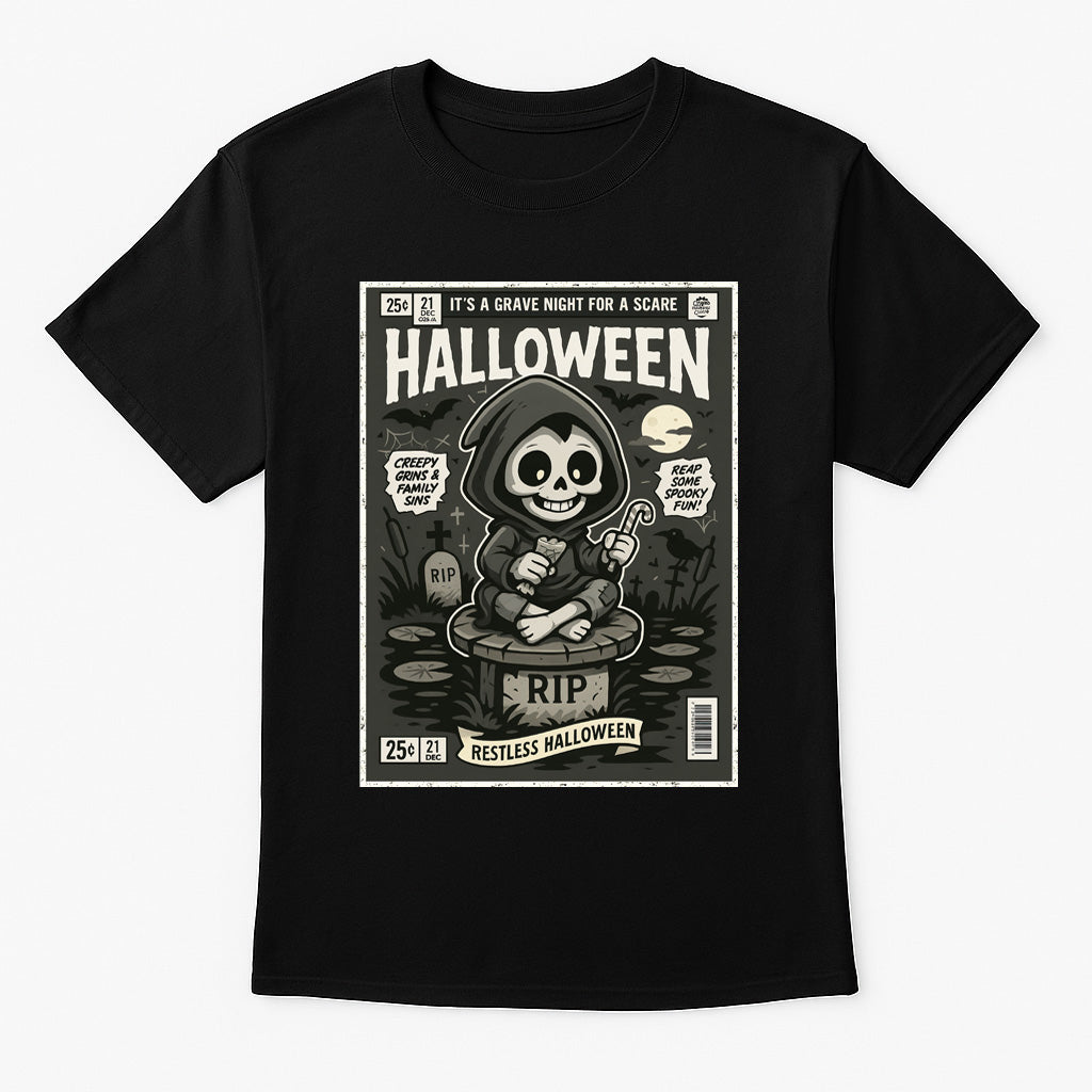 Restless Halloween Grim Reaper Unisex T-Shirt Retro Comic Tee