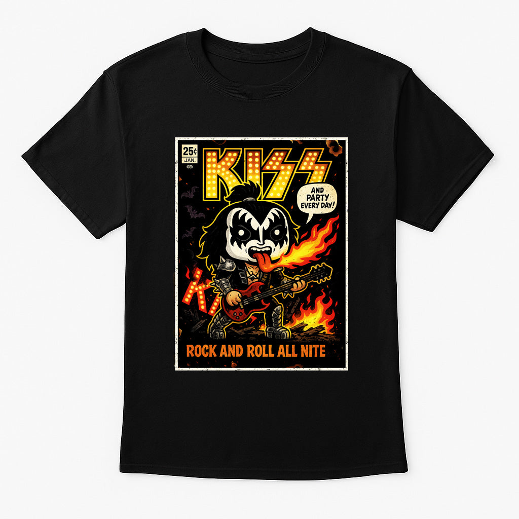 KISS “Rock and Roll All Nite” Unisex T-Shirt – Comic Style Pop Art Band Graphic Tee