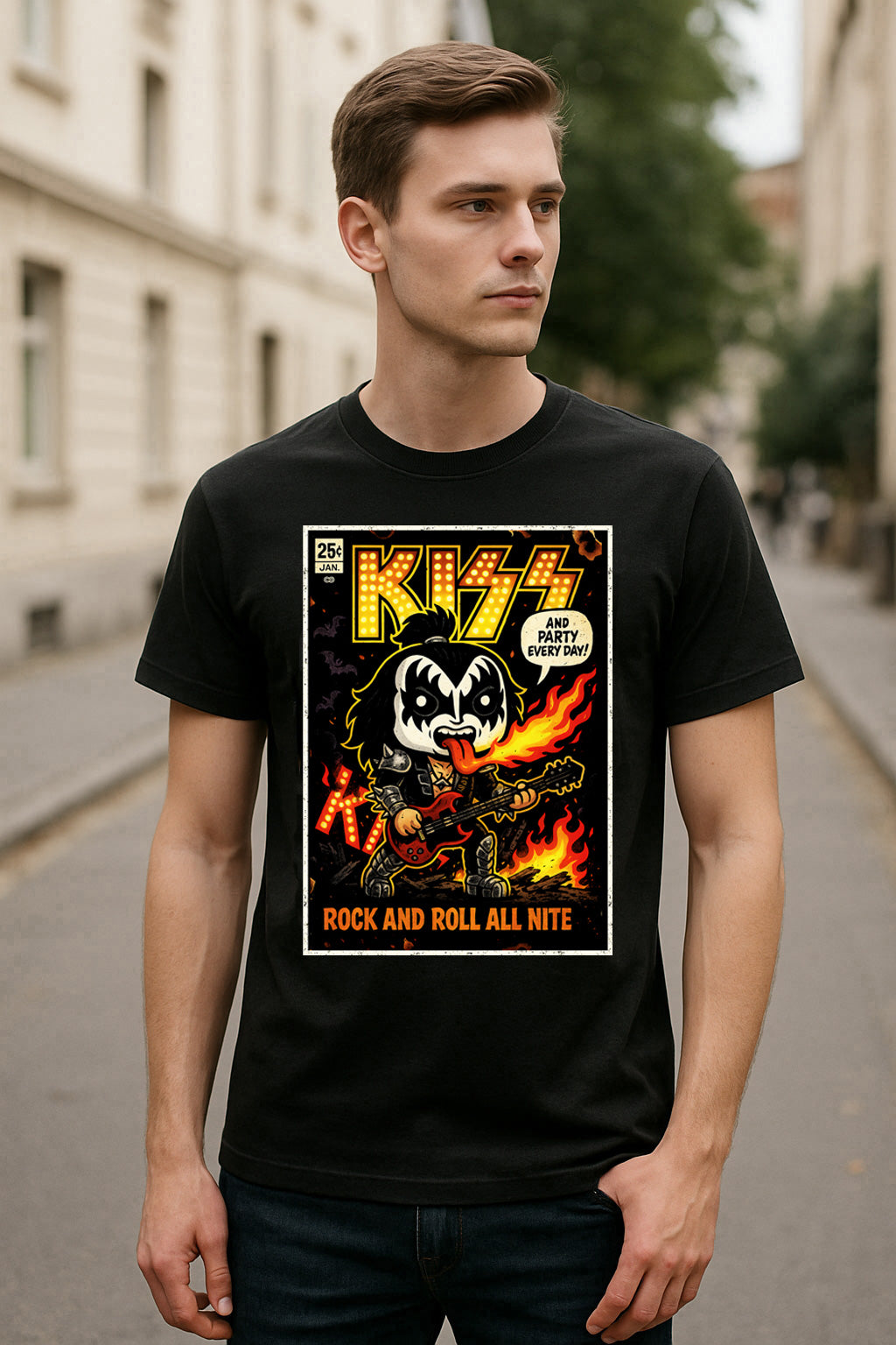 KISS “Rock and Roll All Nite” Unisex T-Shirt – Comic Style Pop Art Band Graphic Tee