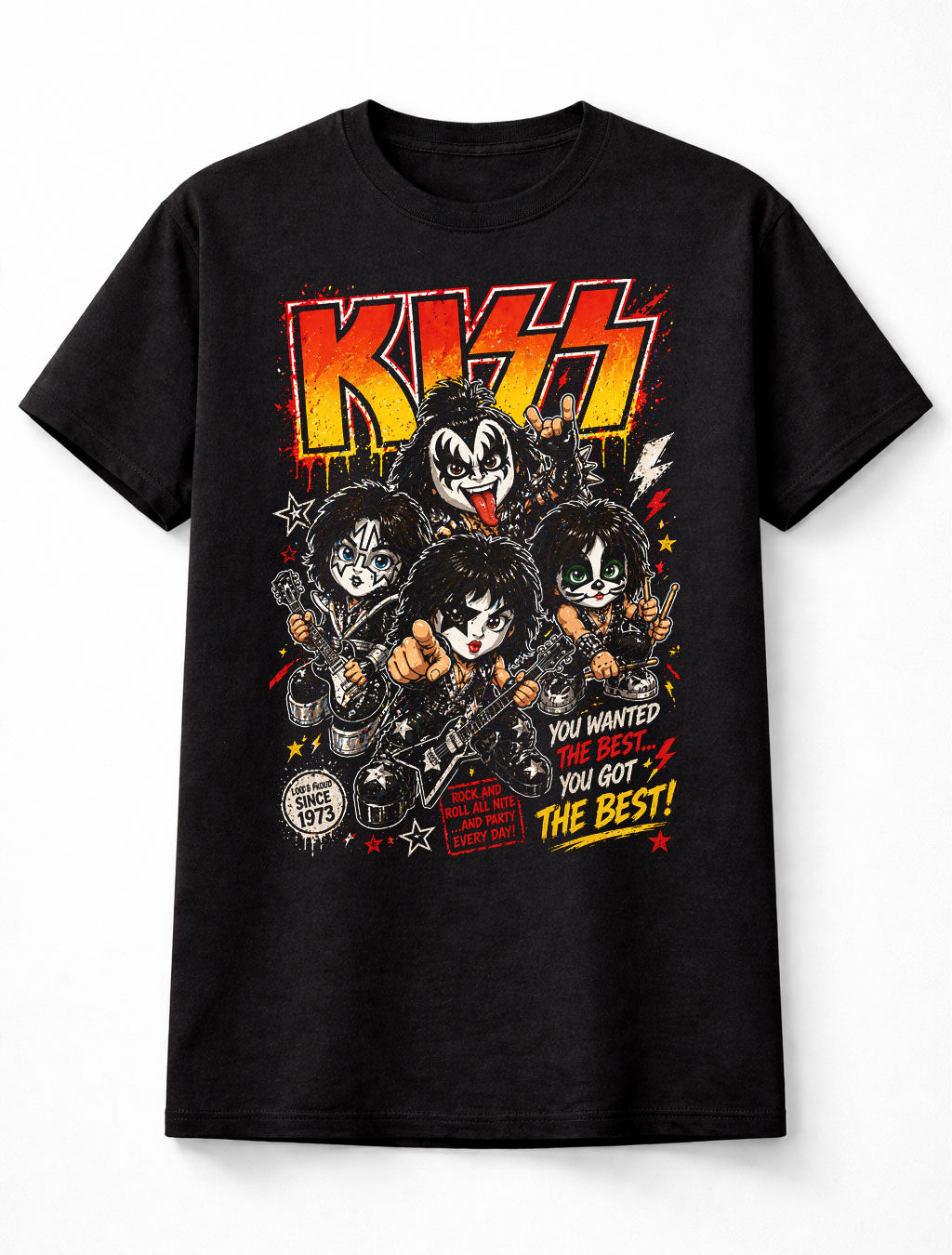 KISS Band Chibi Rock T-Shirt Gene Simmons Paul Stanley Ace Frehley Peter Criss Graphic Tee Classic Rock Music Shirt Vintage Style Kiss Army You Wanted The Best Concert Band Merch Gift Adult & Kids Unisex T-Shirt