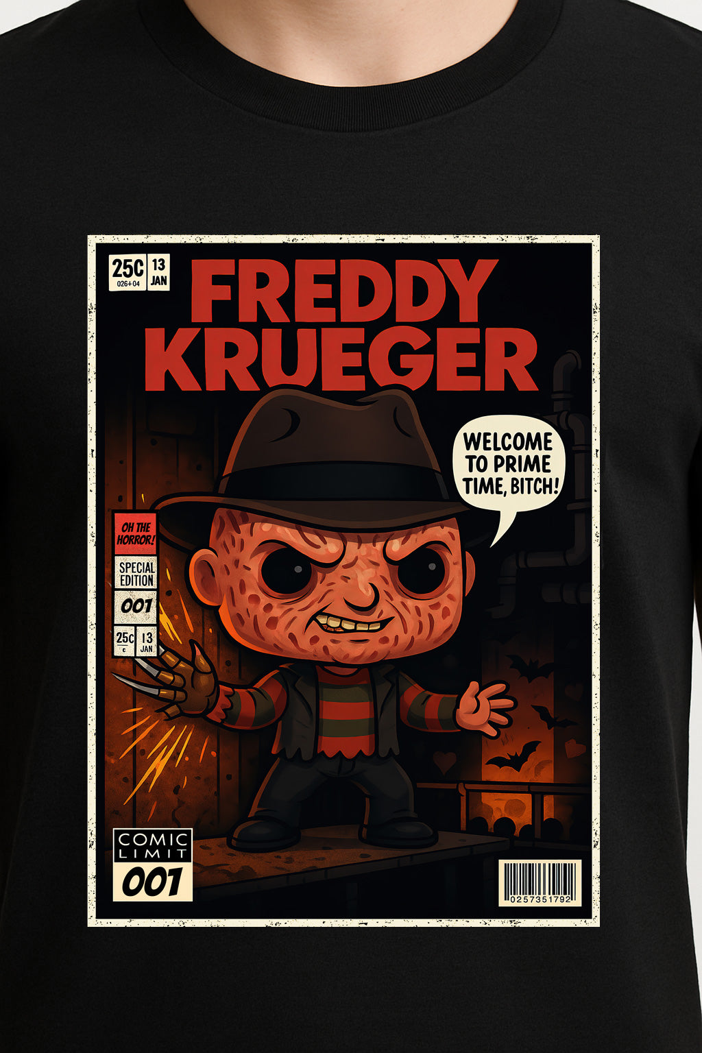 Freddy Krueger “Prime Time” Comic Graphic Tee – Nightmare on Elm Street Horror T-Shirt