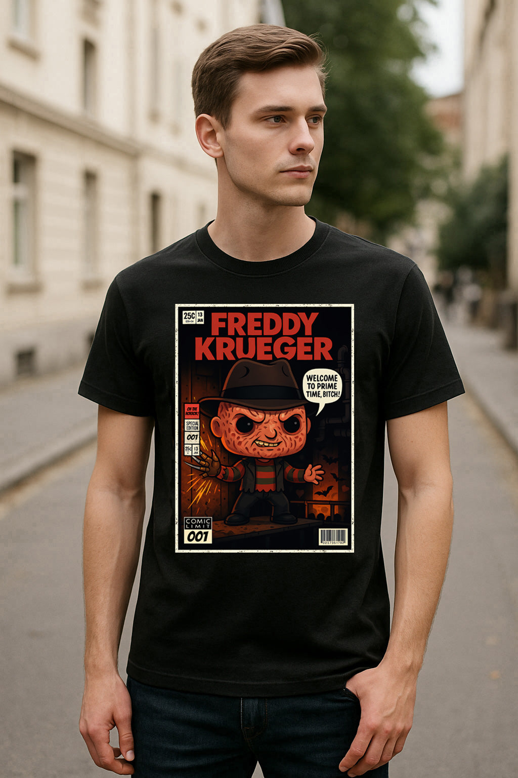 Freddy Krueger “Prime Time” Comic Graphic Tee – Nightmare on Elm Street Horror T-Shirt
