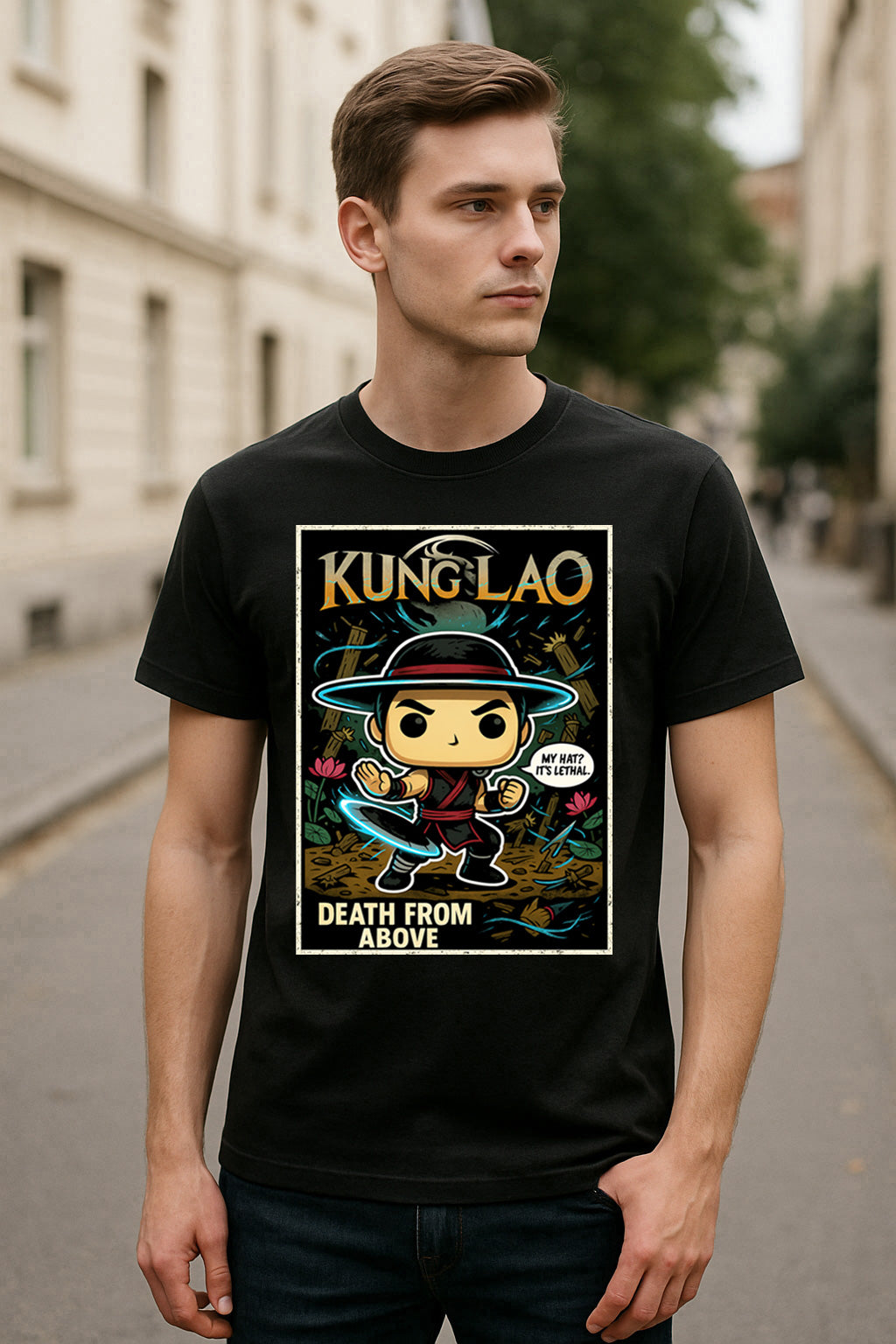 Mortal Kombat Kung Lao “Death From Above” Unisex T-Shirt – Lethal Hat Warrior Fighter Tee
