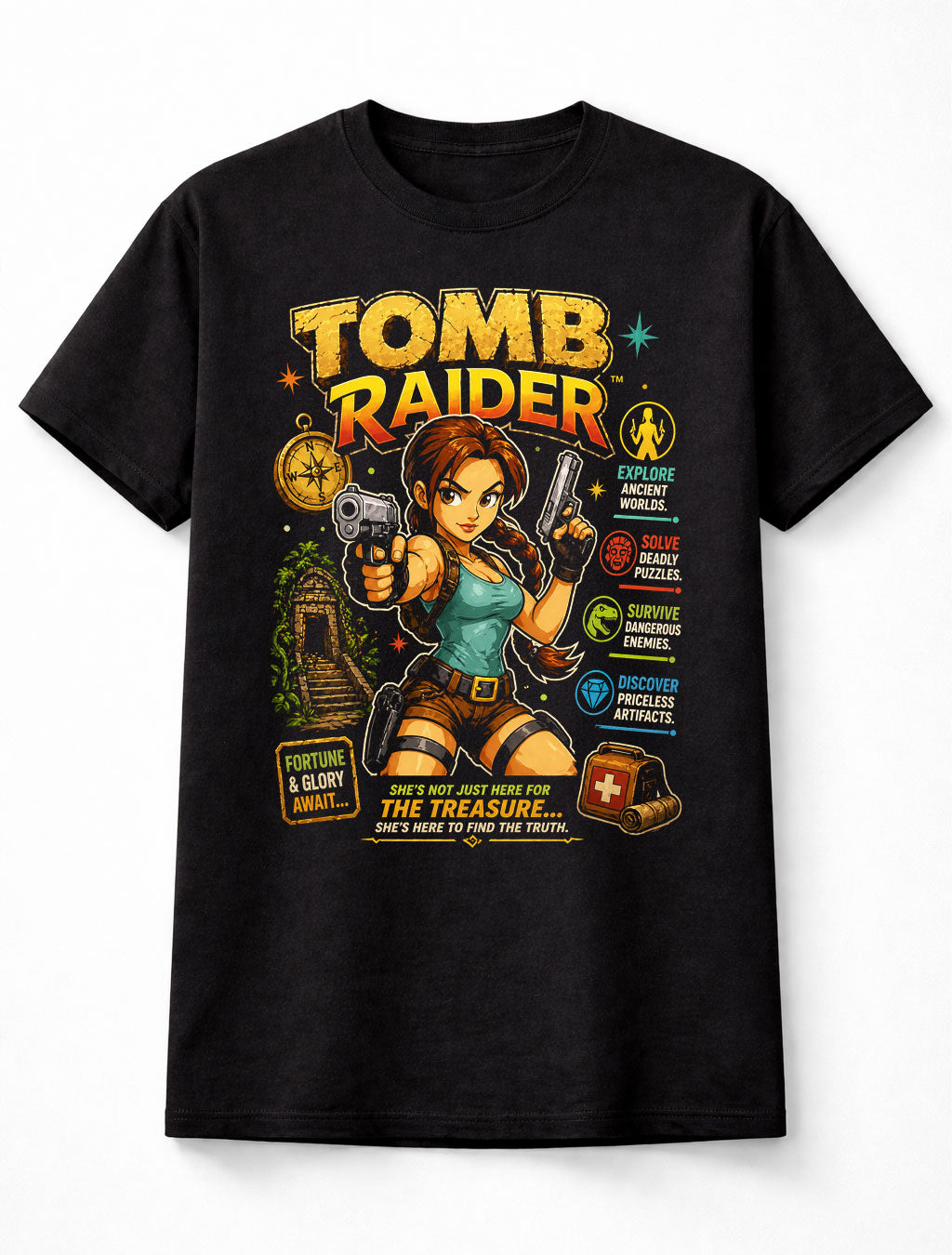 Tomb Raider Lara Croft T-Shirt Retro Gaming Graphic Tee Classic PlayStation Adventure Game Character Shirt Explorer Treasure Hunter Adults & Kids Unisex T-Shirt