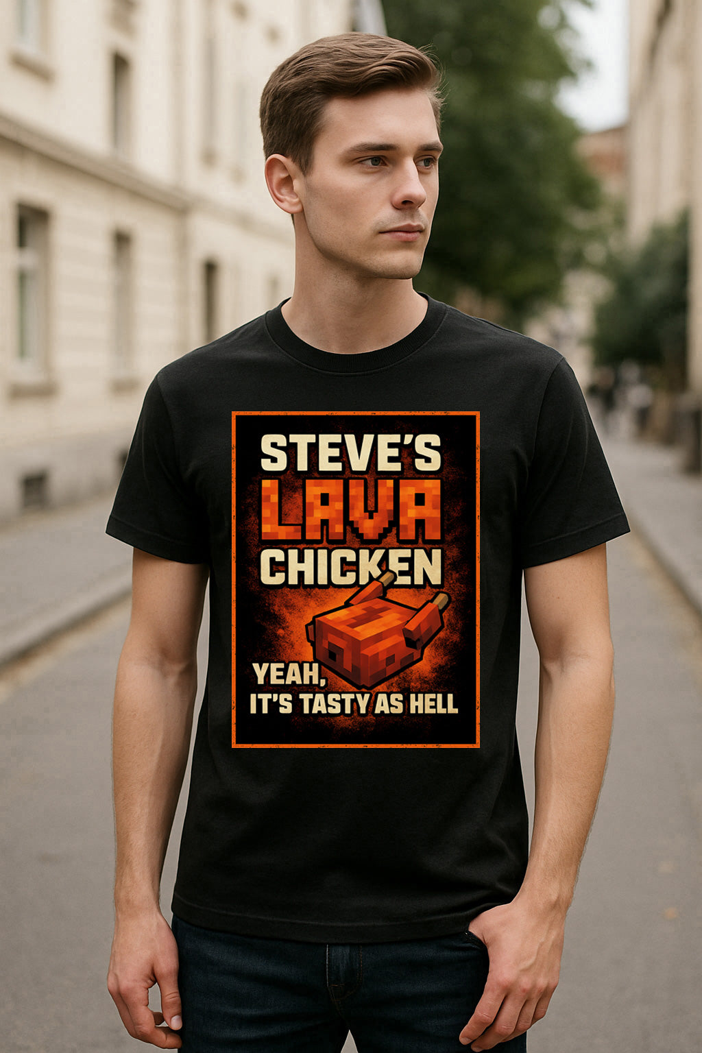 Steve’s Lava Chicken Unisex T-Shirt – Pixel Chef “Tasty as Hell” Minecraft Graphic Tee