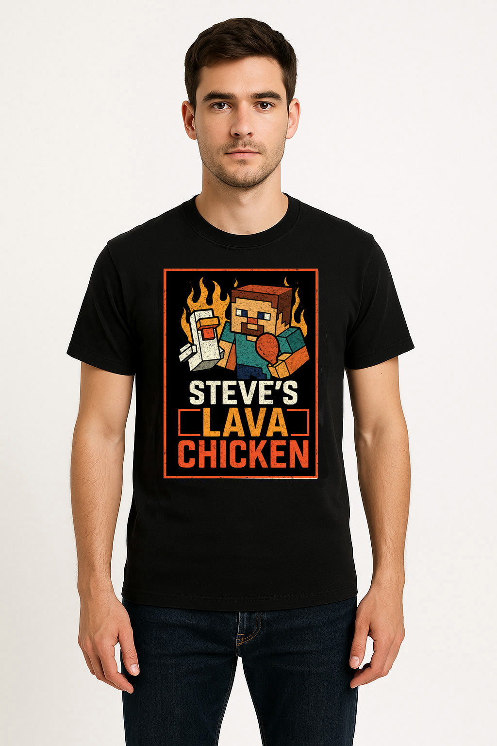 Steve’s Lava Chicken Unisex T-Shirt – Minecraft Pixel Chef Blocky Design Graphic Tee