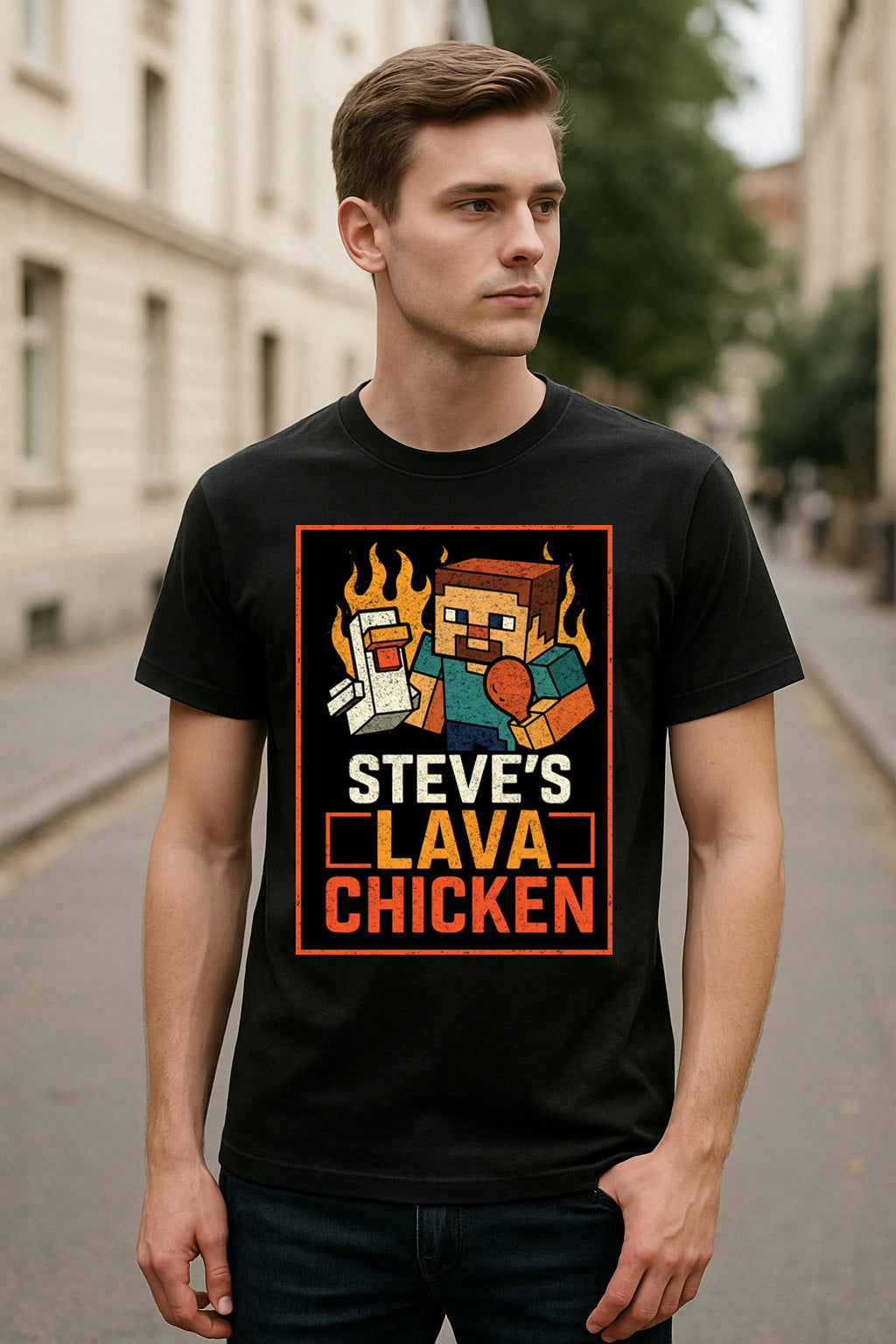 Steve’s Lava Chicken Unisex T-Shirt – Minecraft Pixel Chef Blocky Design Graphic Tee