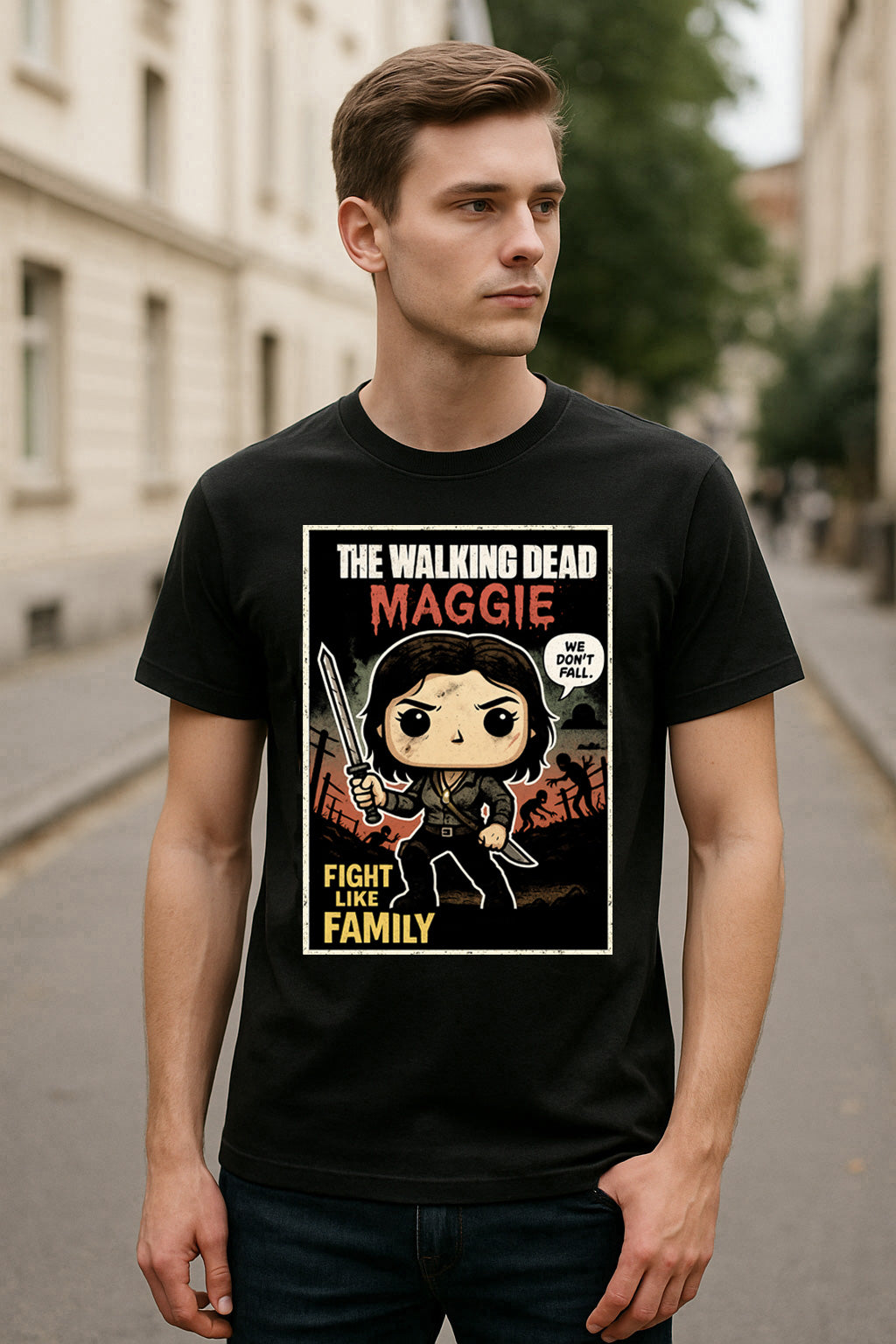 The Walking Dead “Fight Like Family” Maggie Graphic Tee – Comic Style Survivor T-Shirt