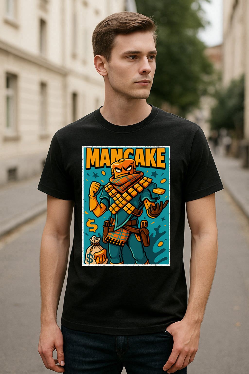 Fortnite Mancake Unisex Comic T-Shirt – Syrup Squad Pancake Outlaw Gamer Tee