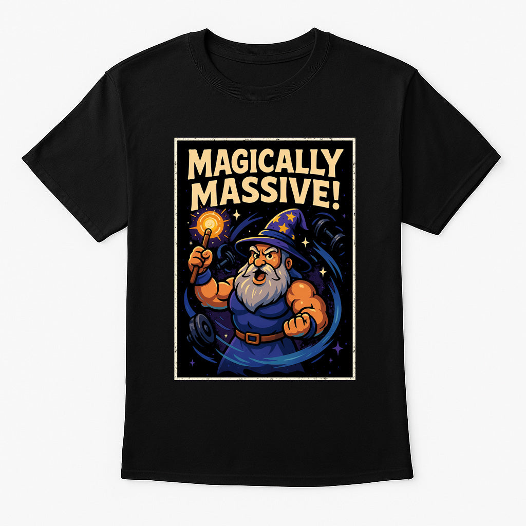 Magically Massive unisex t-shirt featuring cartoon wizard casting spell with glowing staff, comic-style fantasy gym design printed on black cotton tee