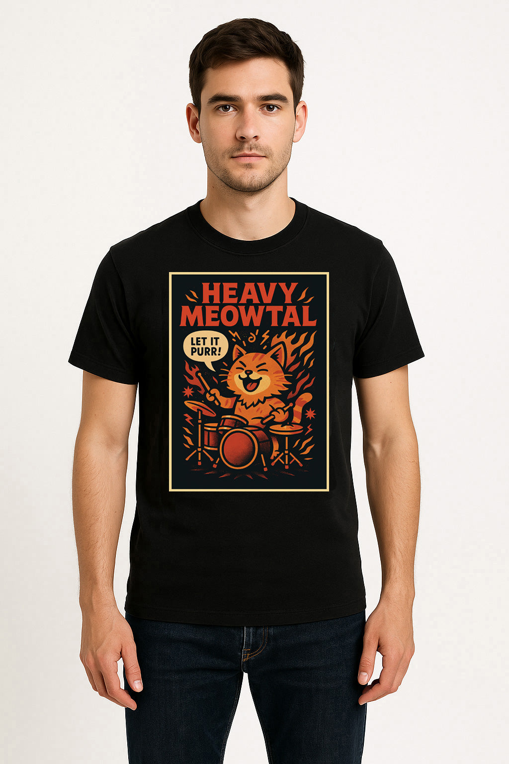Heavy Meowtal Unisex T-Shirt Funny Cat Rock Metal Drummer Kitty Tee