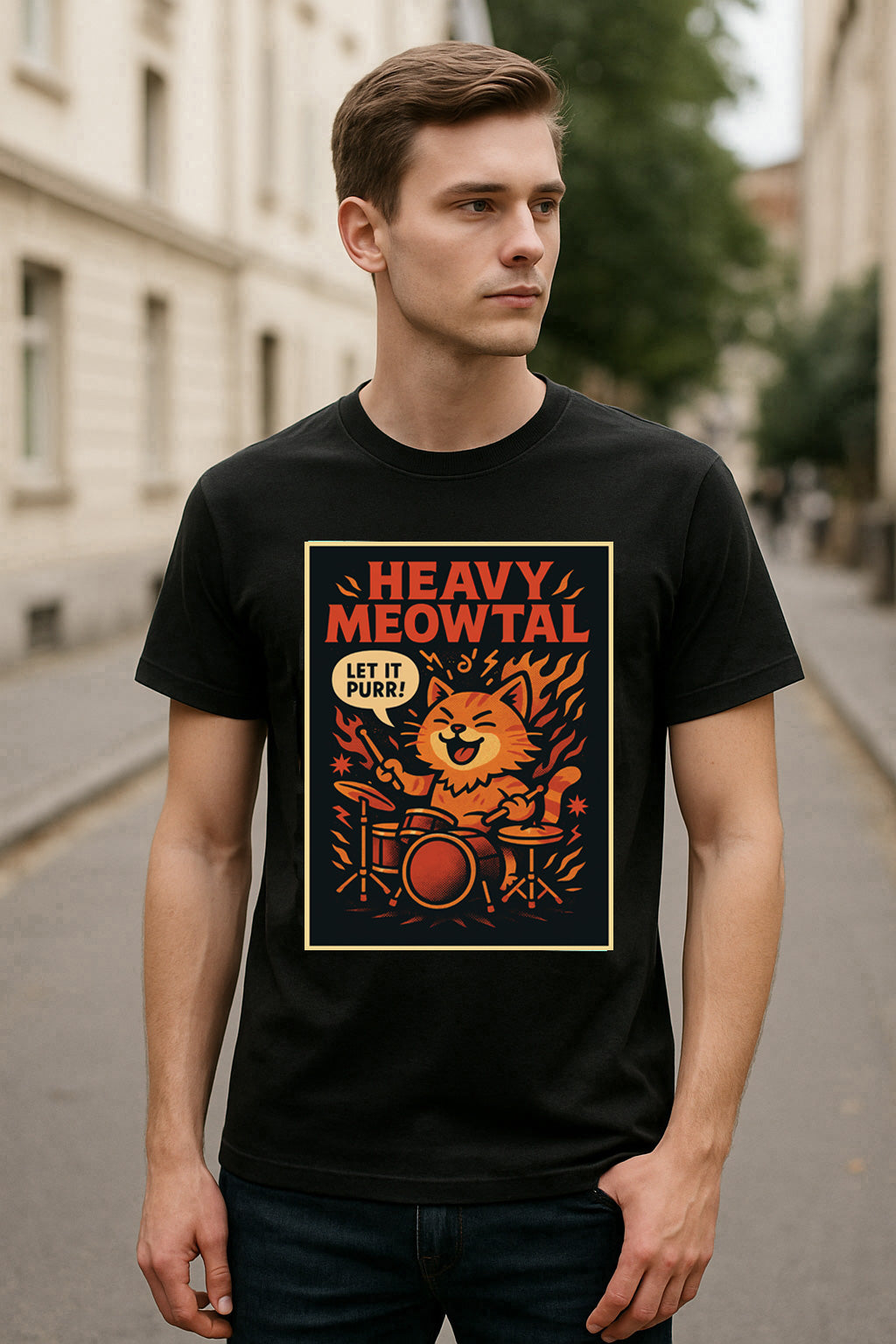 Heavy Meowtal Unisex T-Shirt Funny Cat Rock Metal Drummer Kitty Tee