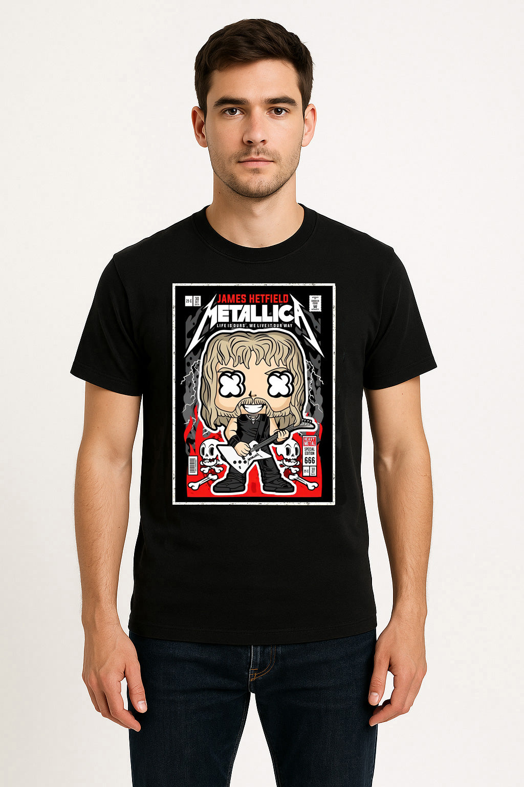 Metallica James Hetfield Unisex T-Shirt – Heavy Metal Comic Style Band Graphic Tee