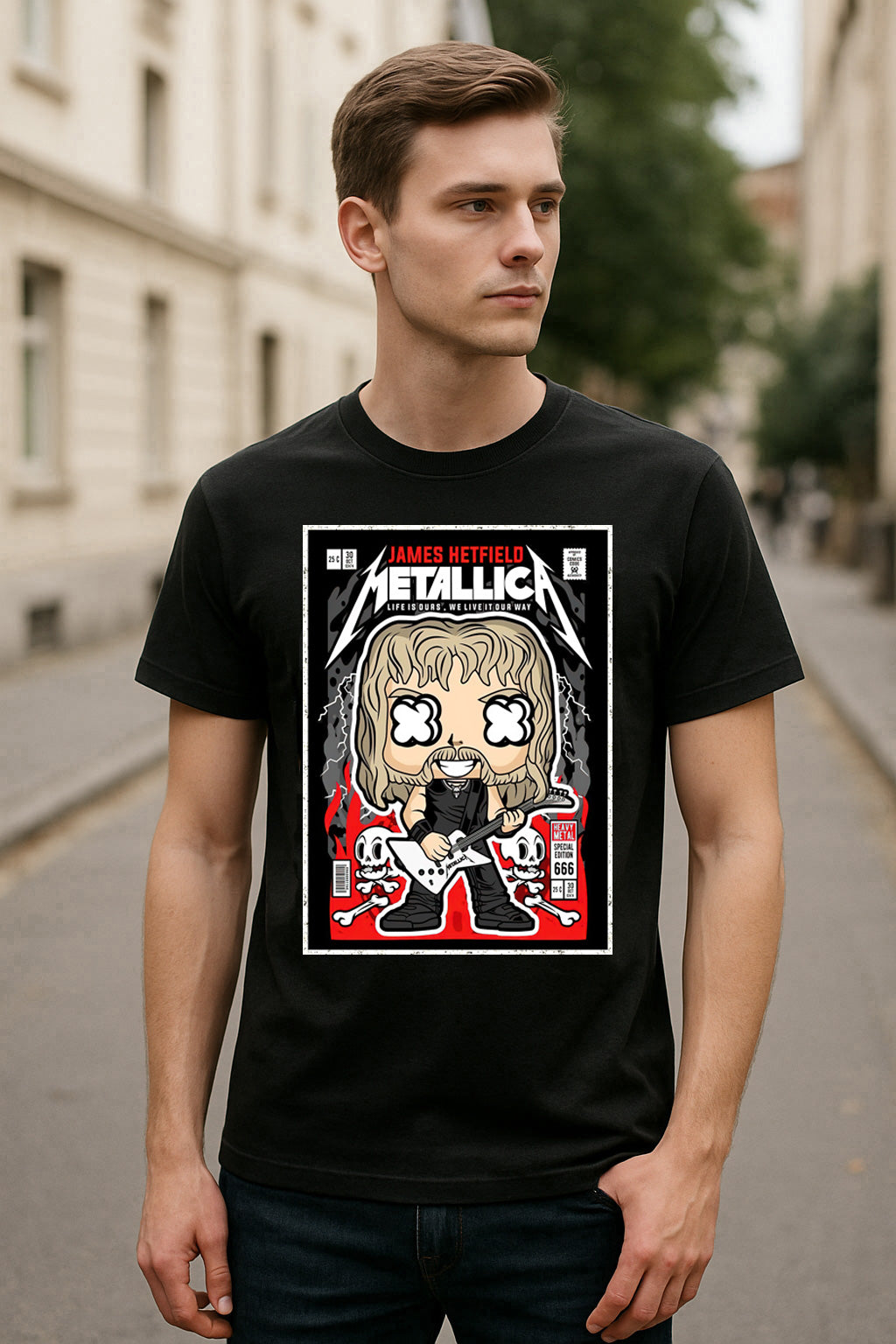 Metallica James Hetfield Unisex T-Shirt – Heavy Metal Comic Style Band Graphic Tee