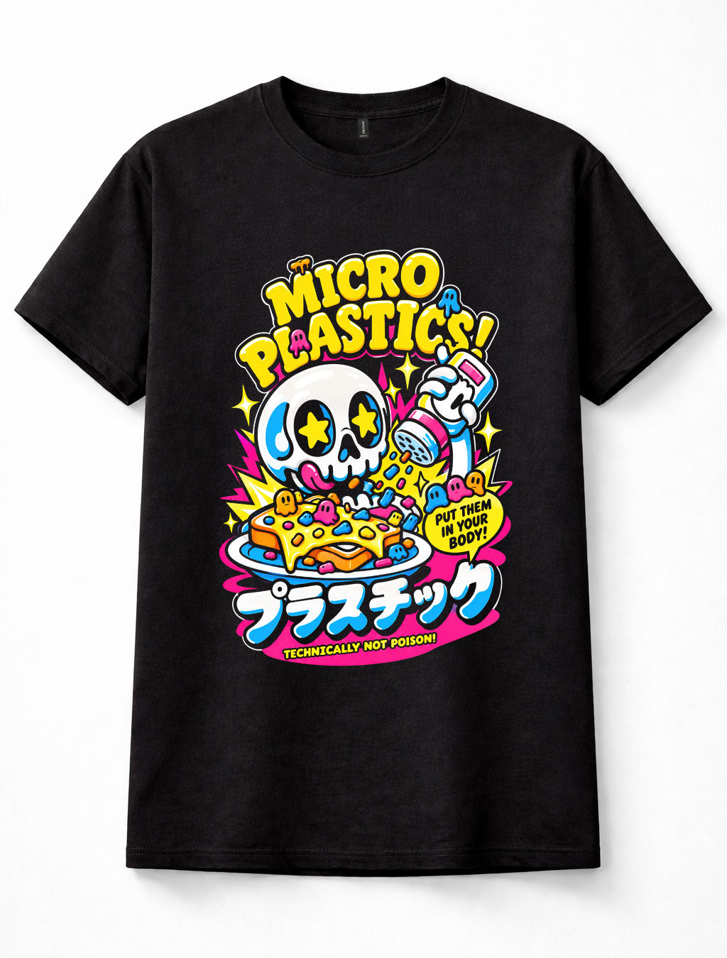 Microplastics Skull Food Pollution Dark Humour Cartoon Retro Unisex T-Shirt