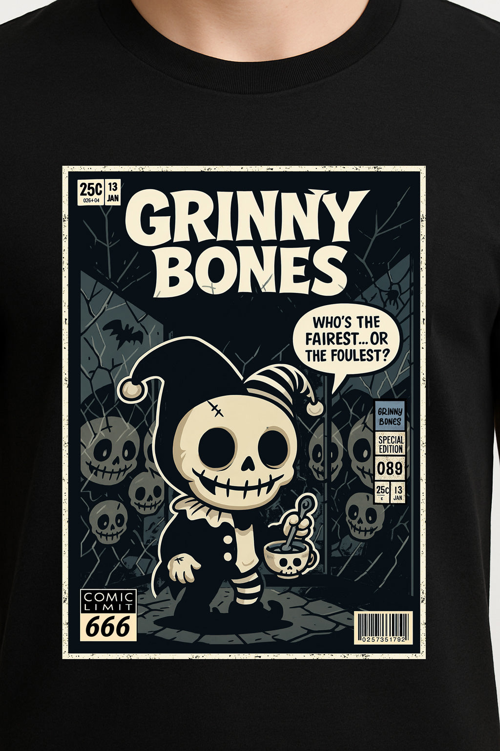 Grinny Bones Unisex T-Shirt – Sinister Skeleton Jester Dark Mirror Horror Streetwear Tee