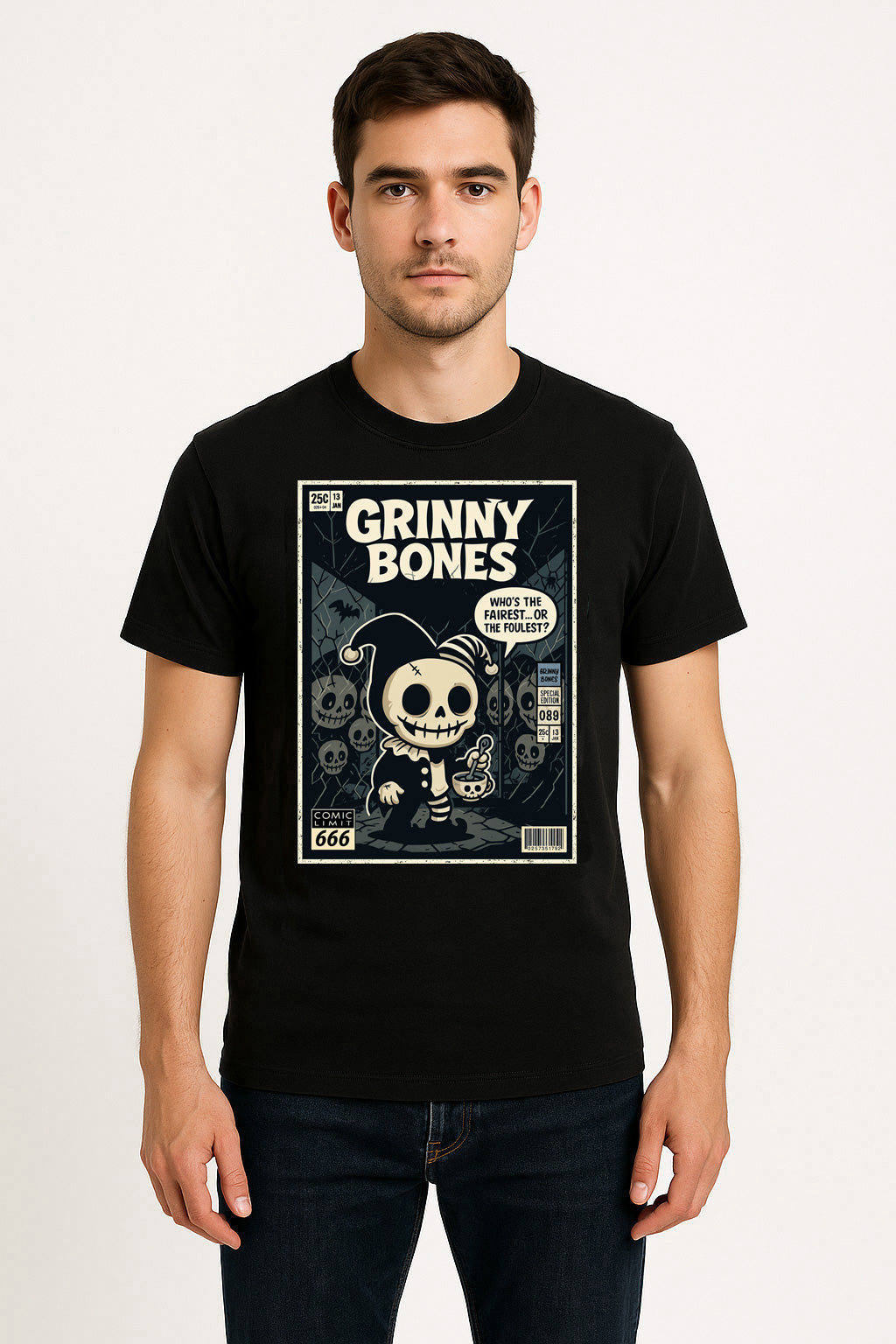 Grinny Bones Unisex T-Shirt – Sinister Skeleton Jester Dark Mirror Horror Streetwear Tee